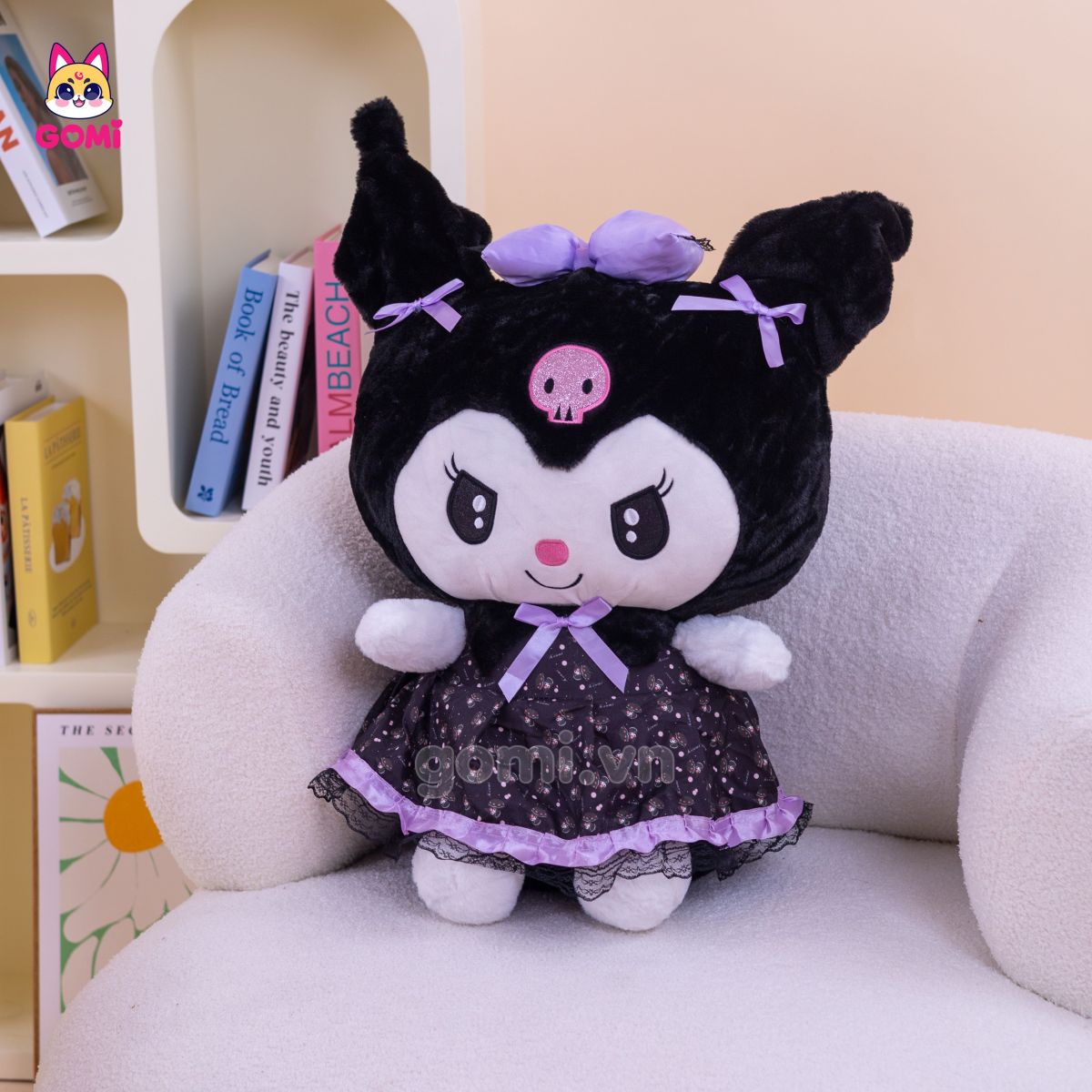 Gấu Bông Kuromi Váy Đen Nơ Tím