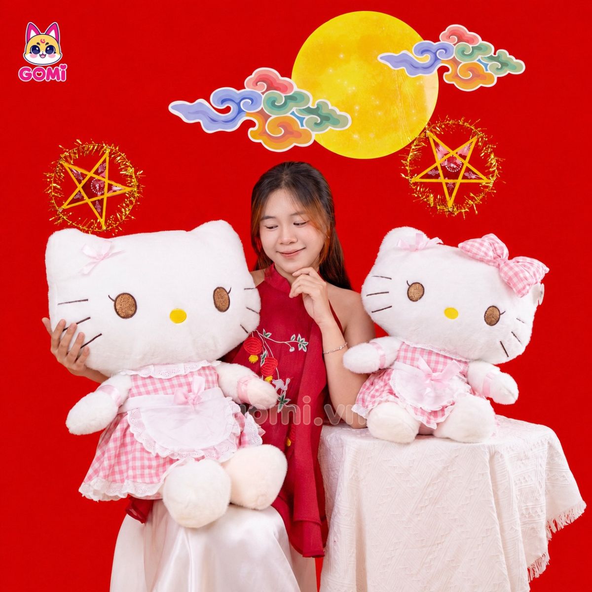 Gấu Bông Kitty Váy Caro Hồng
