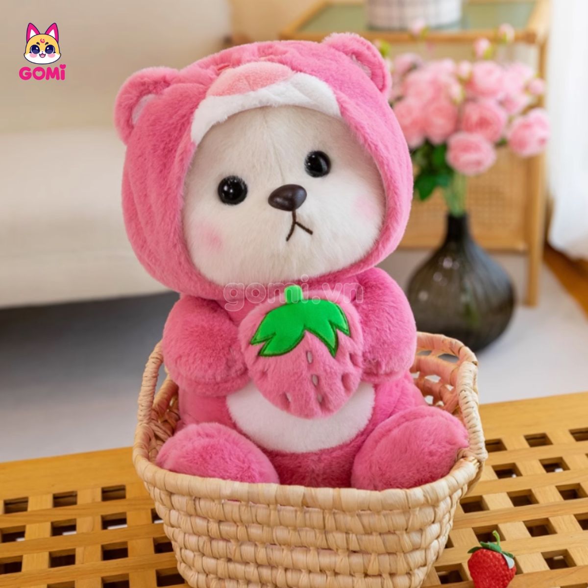 Gấu Lena Cosplay Lotso Ôm Dâu Hồng Nhạt