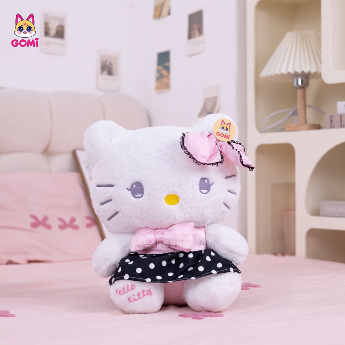 Gấu Bông Kitty Váy Hồng Đen Chấm Bi