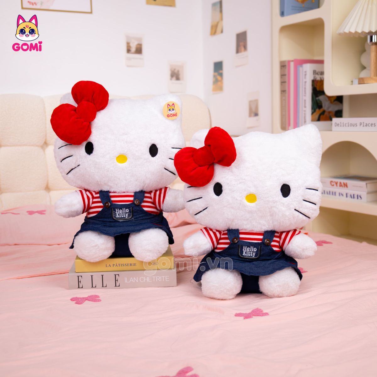 Gấu Bông Kitty Yếm Jeans Nơ Đỏ