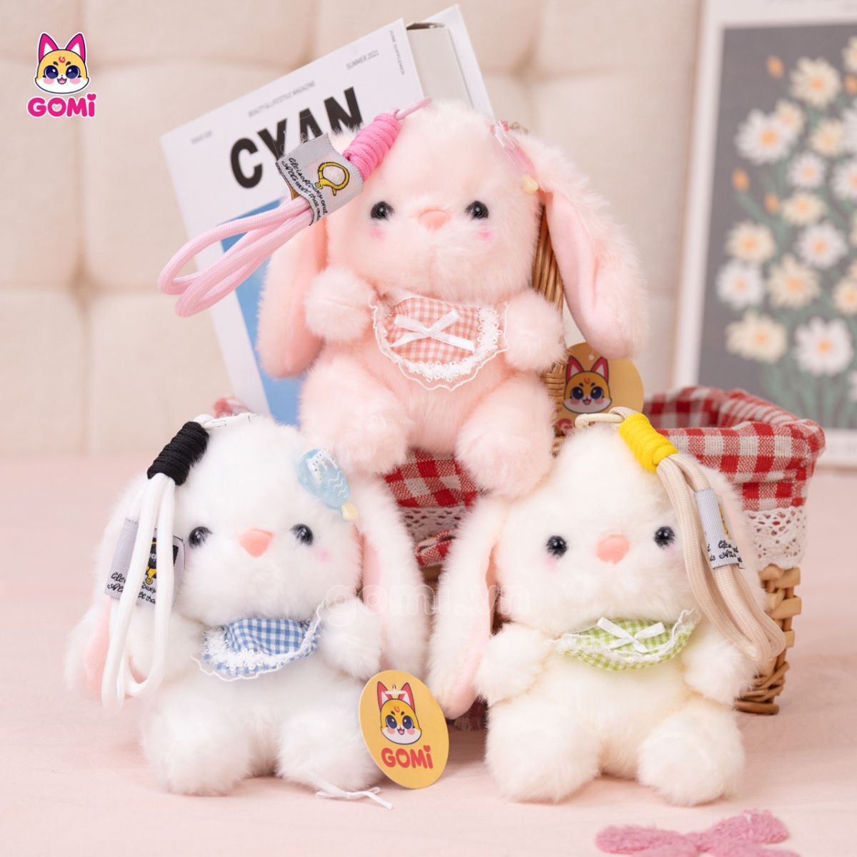 Móc Khoá Bộ 4 Thỏ Ngồi Nơ