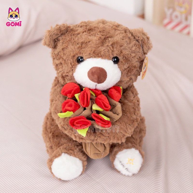 Gấu Bông Teddy Ôm Hoa Đội Mũ