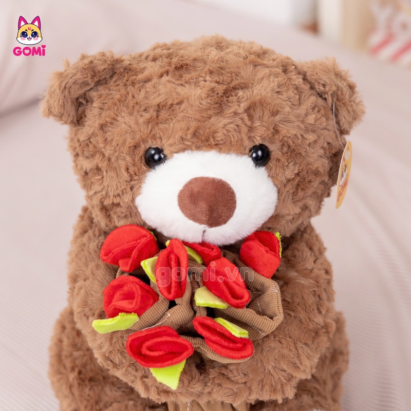 Gấu Bông Teddy Ôm Hoa Đội Mũ