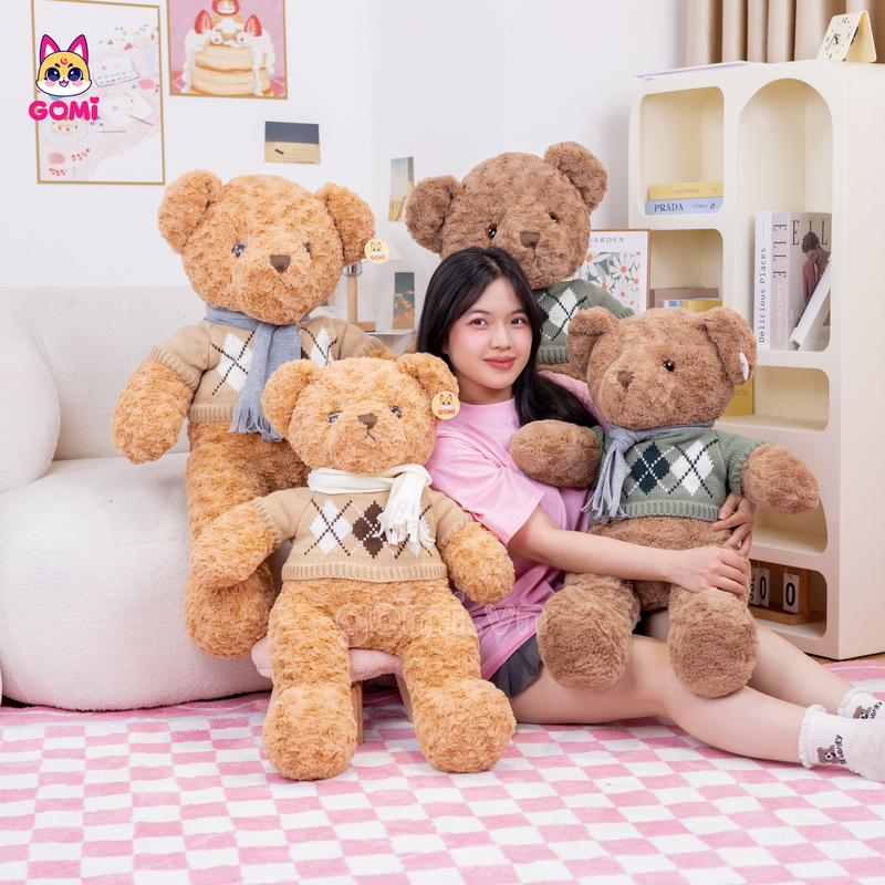 Gấu Bông Teddy Lông Xoắn Quàng Khăn