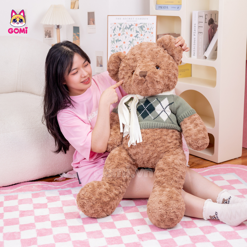 Gấu Bông Teddy Lông Xoắn Quàng Khăn