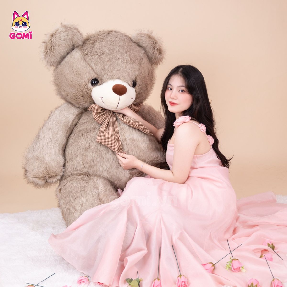 Gấu Bông Teddy Xù Nơ Caro