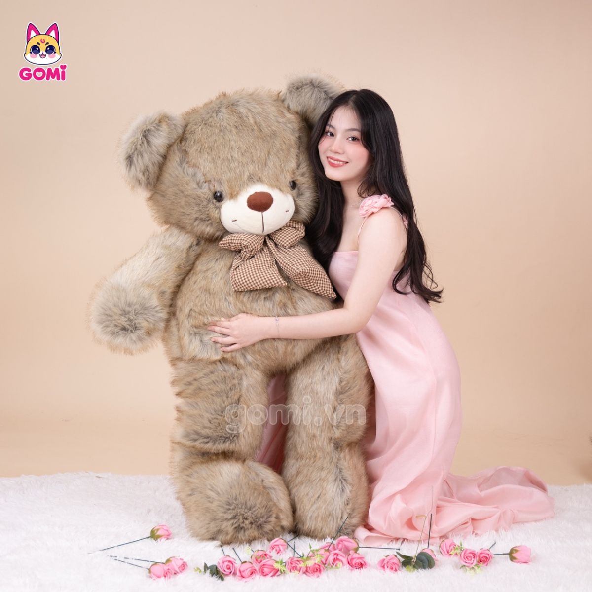 Gấu Bông Teddy Xù Nơ Caro