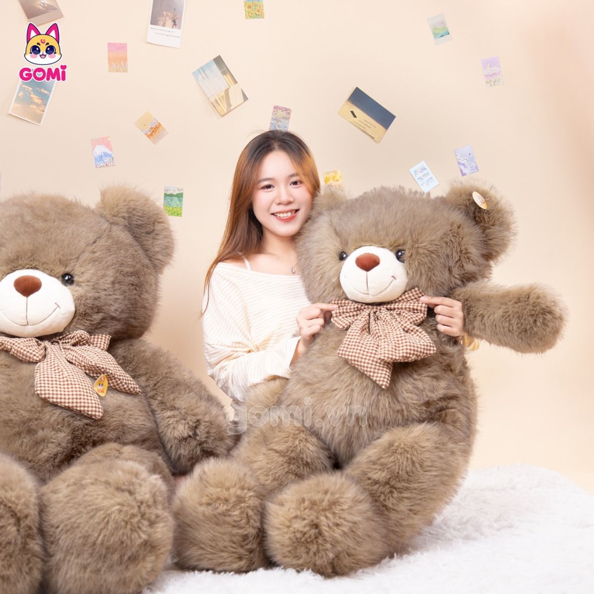 Gấu Bông Teddy Xù Nơ Caro