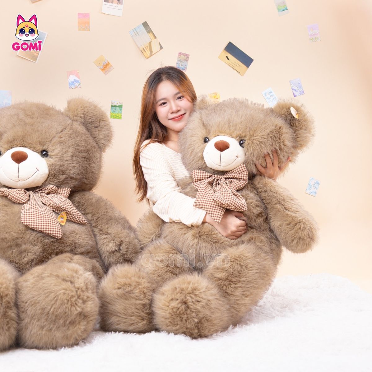 Gấu Bông Teddy Xù Nơ Caro