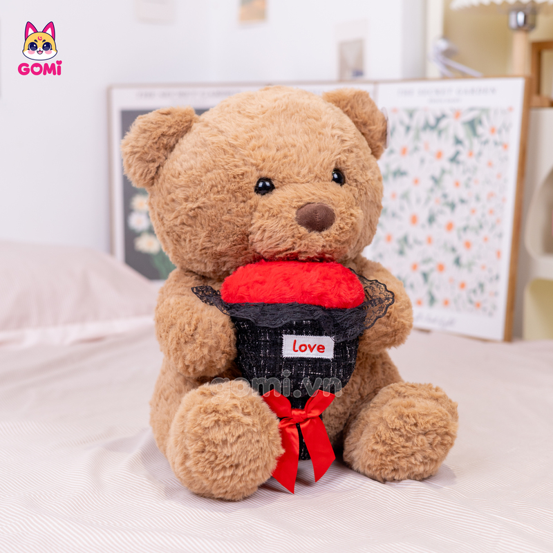 Gấu Bông Teddy Ngồi Ôm Hoa