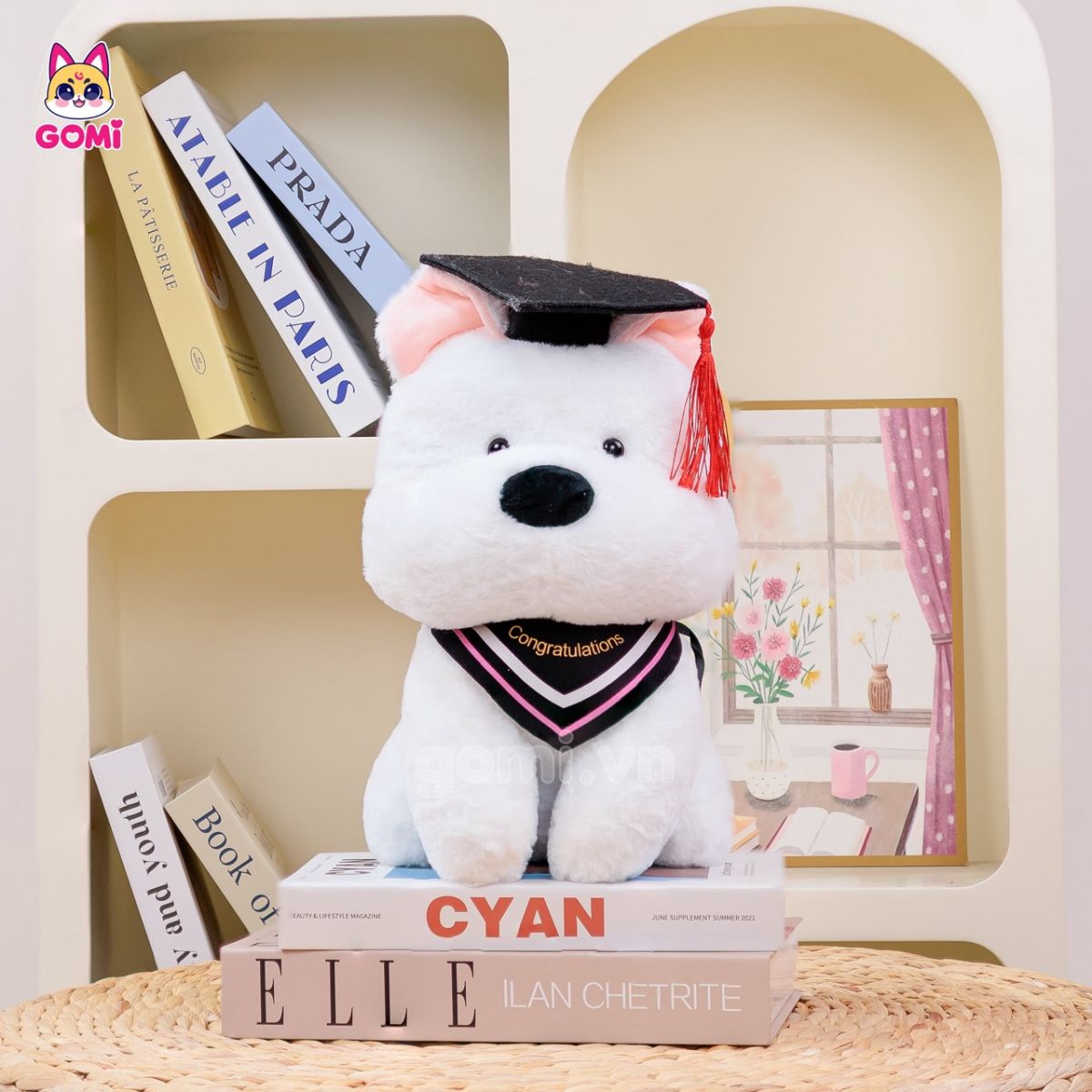 Gấu Bông Tốt Nghiệp Chó Trắng Tai Hồng