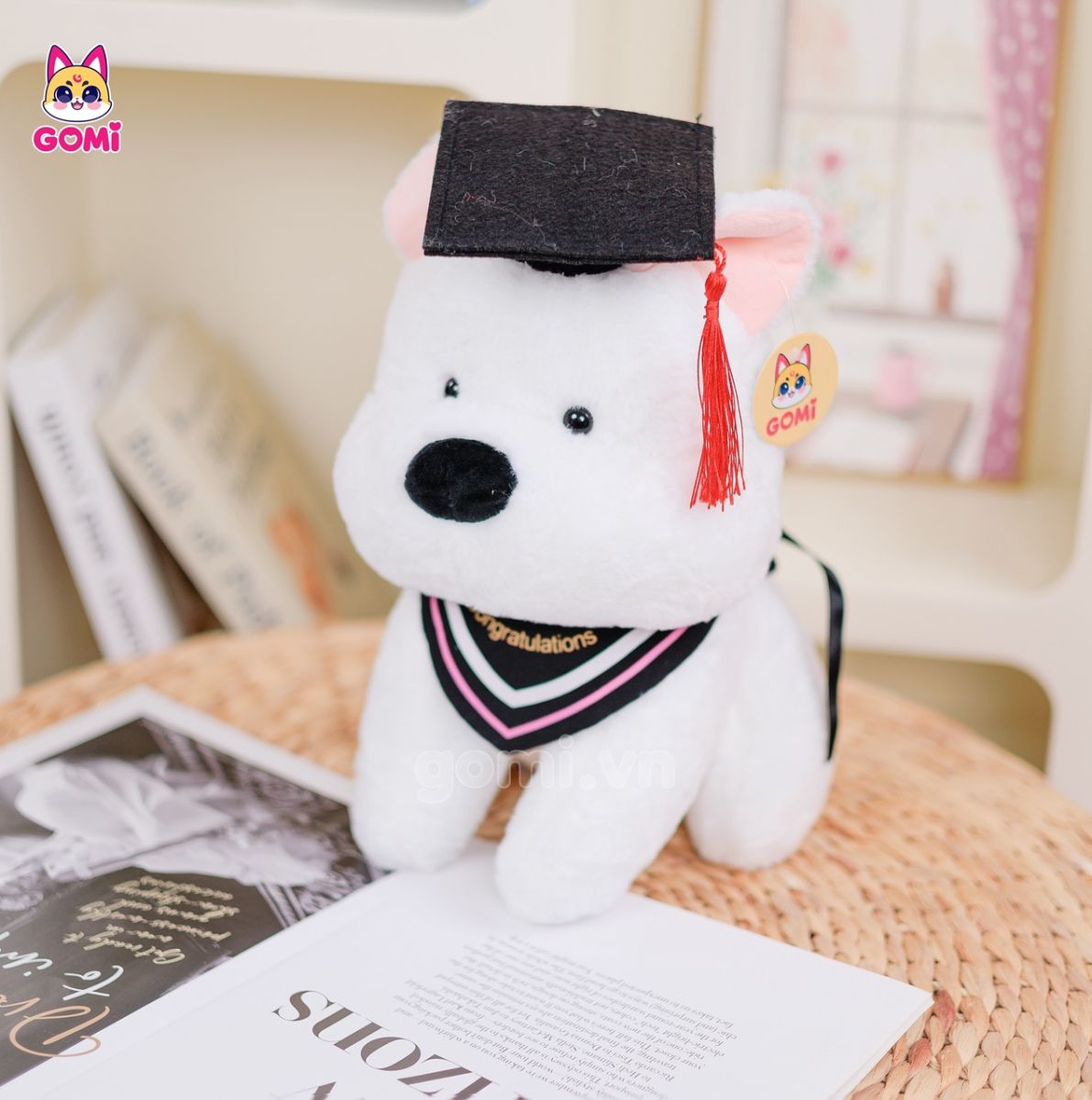 Gấu Bông Tốt Nghiệp Chó Trắng Tai Hồng