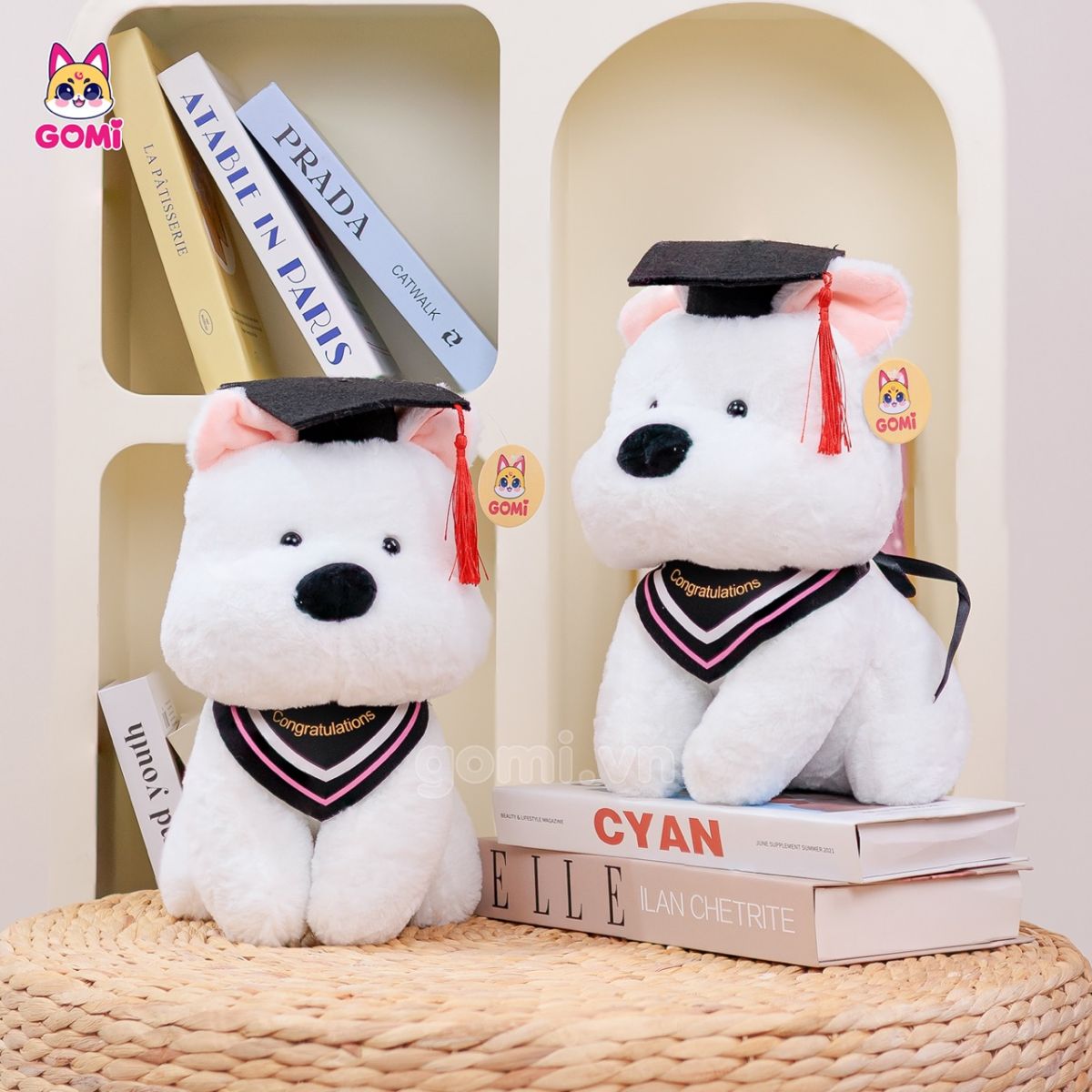 Gấu Bông Tốt Nghiệp Chó Trắng Tai Hồng